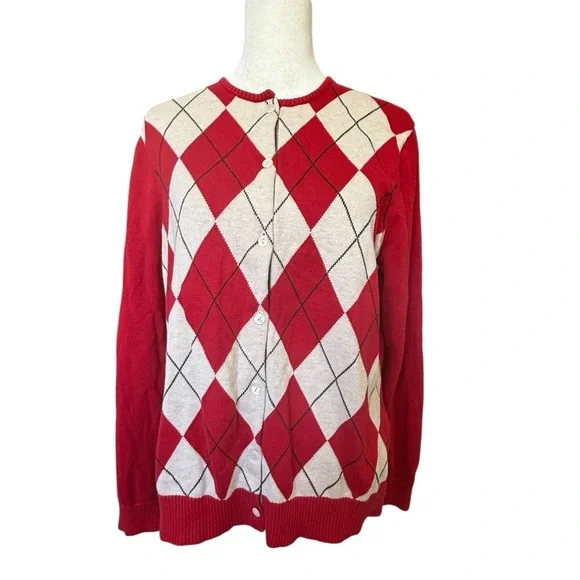 Lands End Red White Argyle Cardigan Size 14-16 Supima Cotton Button Front - Picture 1 of 6